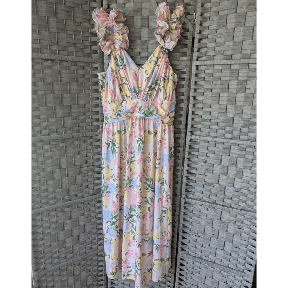 Grace Karin Maxi Dress Pastel Floral Ruffle Strap Smocked Back Sz L Cottagecore